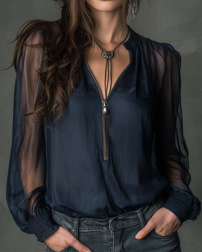 Helen | Half-Zip Blouse Long Sleeve Knit 0