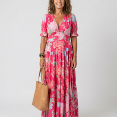 Ione | Short Sleeve V Neck Floral Midi Dress 0
