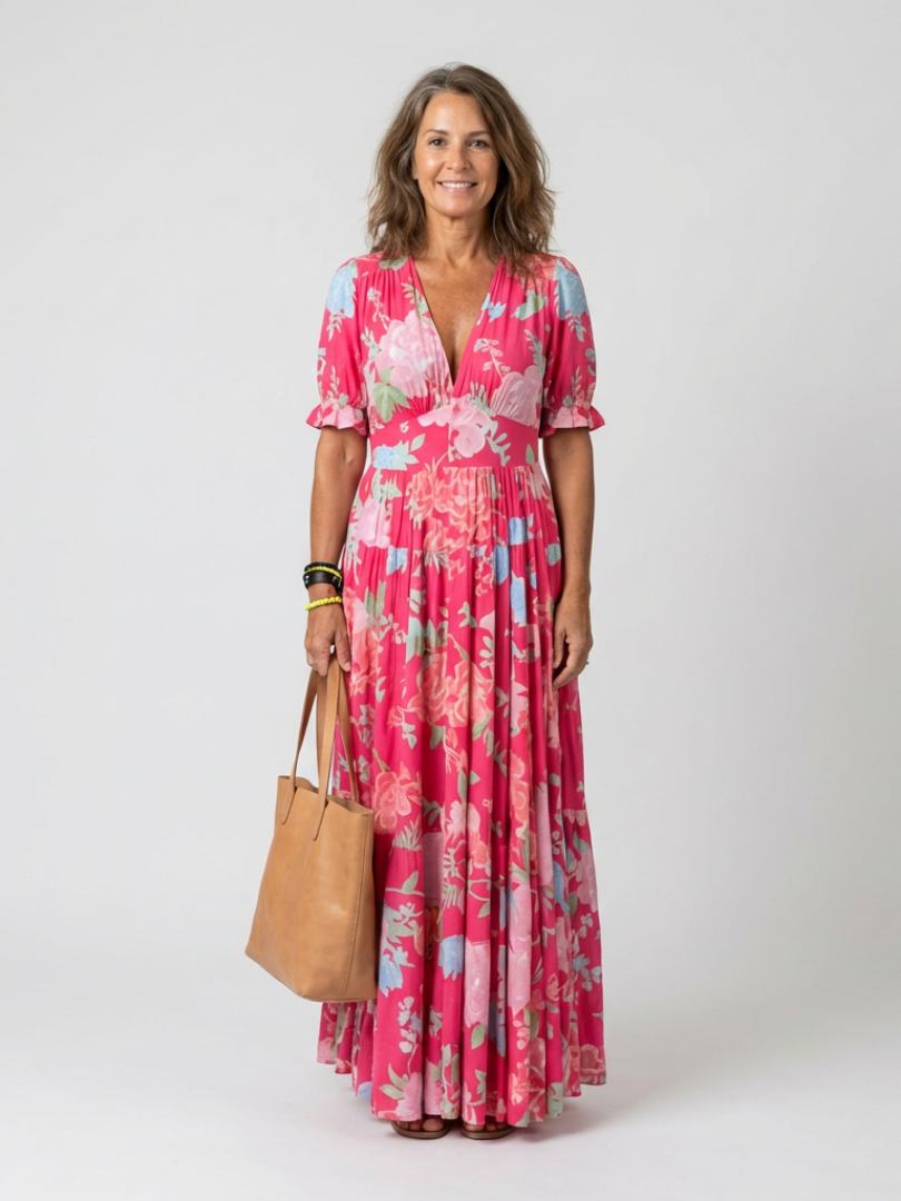 Ione | Short Sleeve V Neck Floral Midi Dress 0