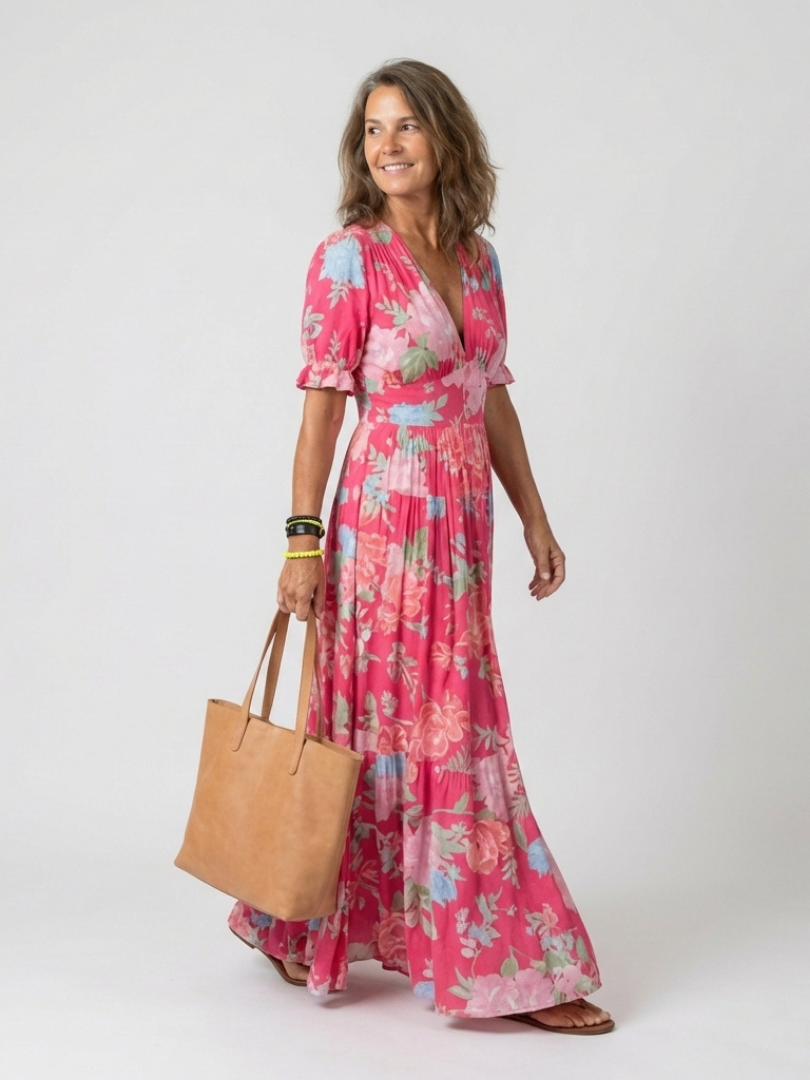 Ione | Short Sleeve V Neck Floral Midi Dress 1