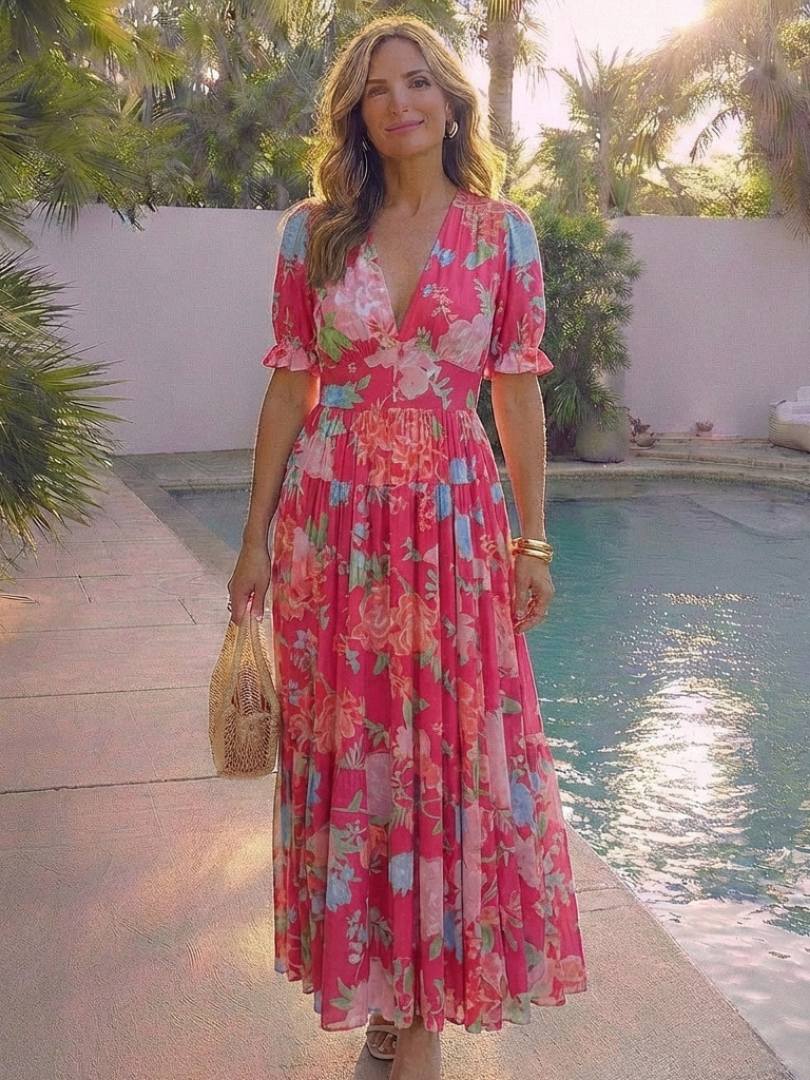 Ione | Short Sleeve V Neck Floral Midi Dress 6