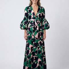 Isolde | V Neck Tie Waist Long Sleeve Maxi Dress 0