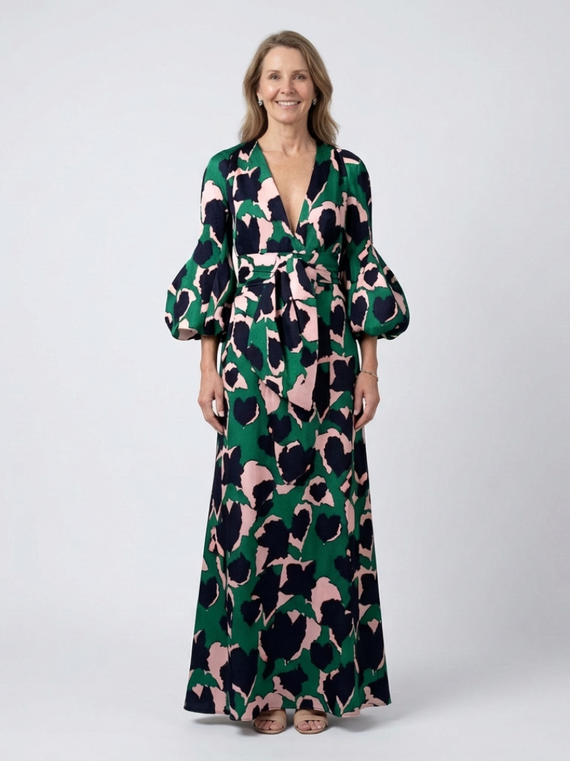 Isolde | V Neck Tie Waist Long Sleeve Maxi Dress 0
