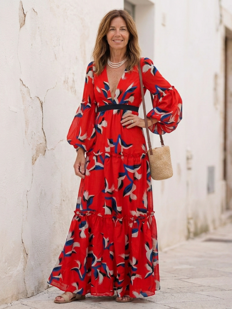 Isolde | V Neck Tie Waist Long Sleeve Maxi Dress 7