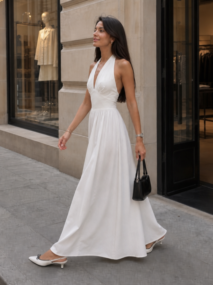 Jeven | Sleeveless Halter Neck Fitted Bodice Midi Dress 4