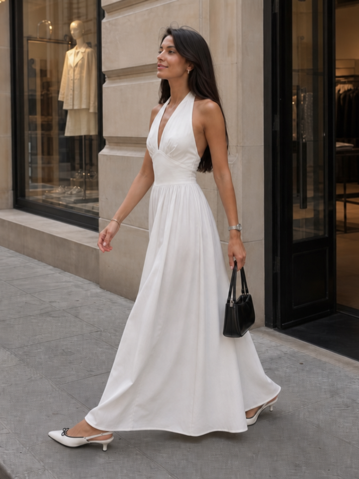 Jeven | Sleeveless Halter Neck Fitted Bodice Midi Dress 4