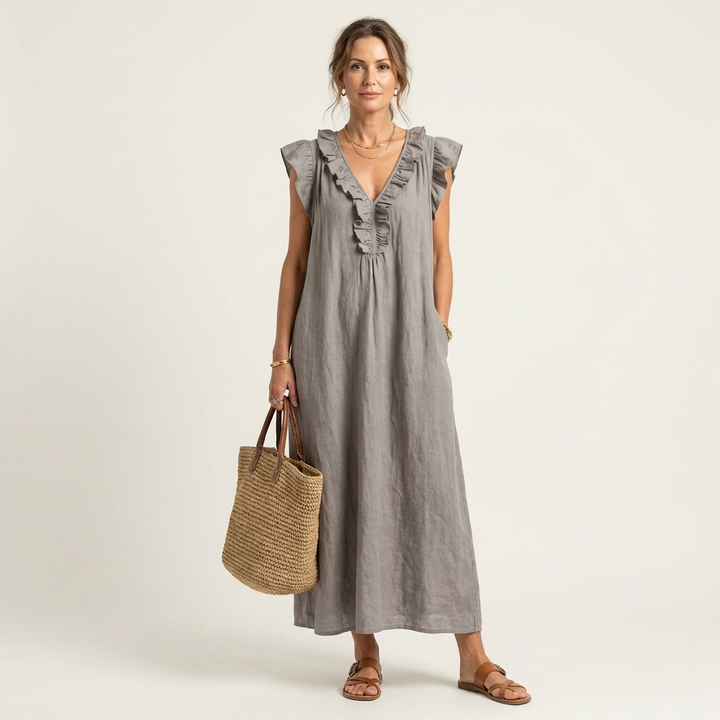 Josette | Ruffle V-Neck Linen Maxi Dress 0