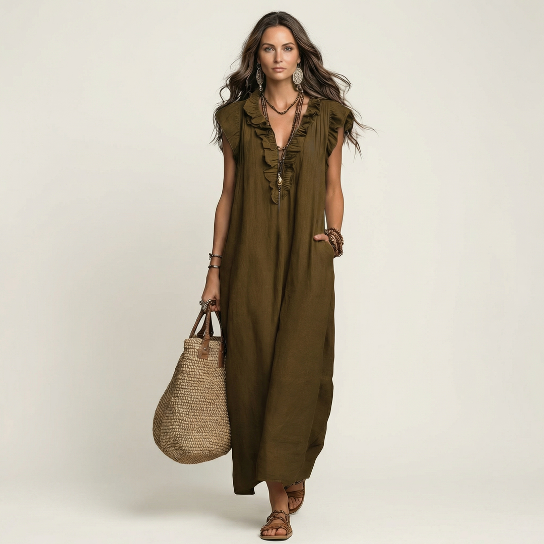 Josette | Ruffle V-Neck Linen Maxi Dress 10