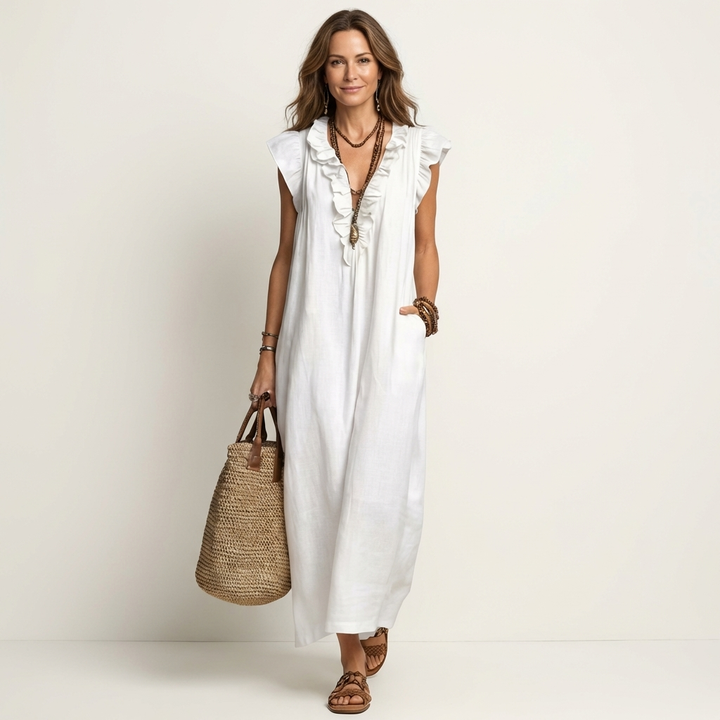 Josette | Ruffle V-Neck Linen Maxi Dress 11
