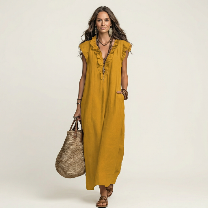 Josette | Ruffle V-Neck Linen Maxi Dress 12
