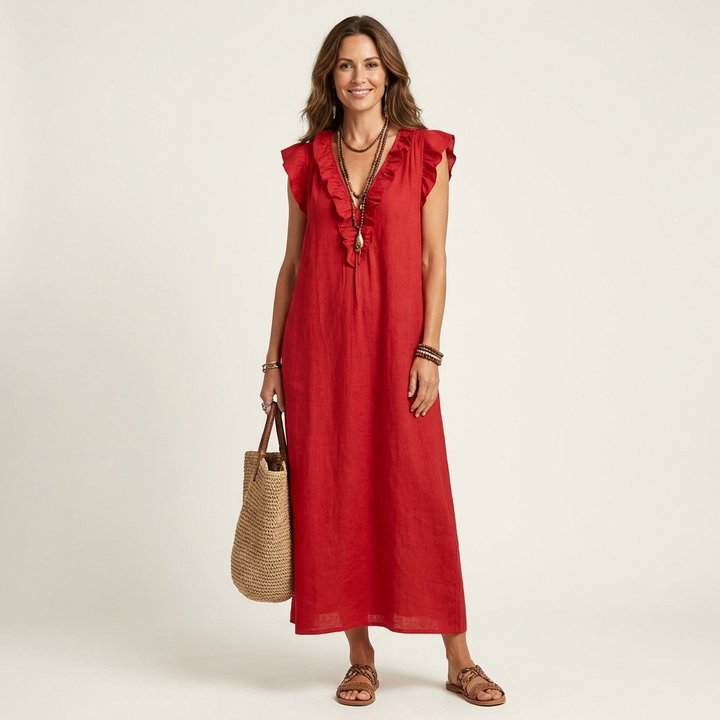 Josette | Ruffle V-Neck Linen Maxi Dress 2