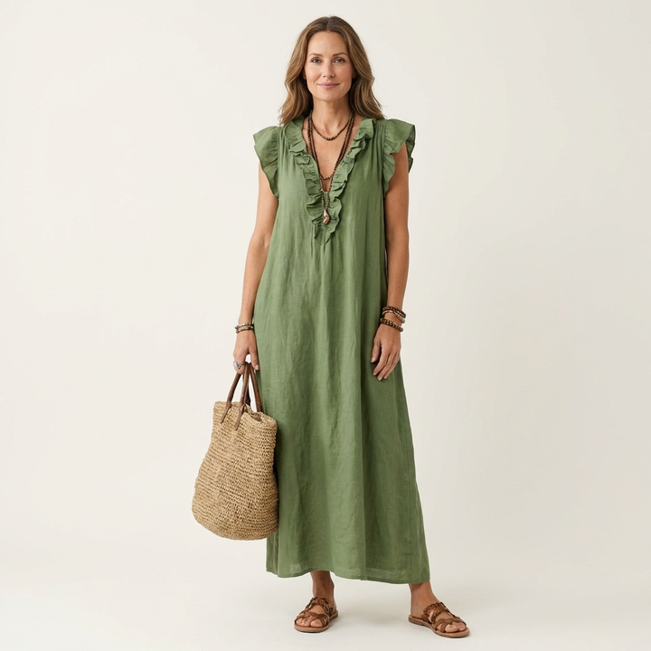 Josette | Ruffle V-Neck Linen Maxi Dress 4