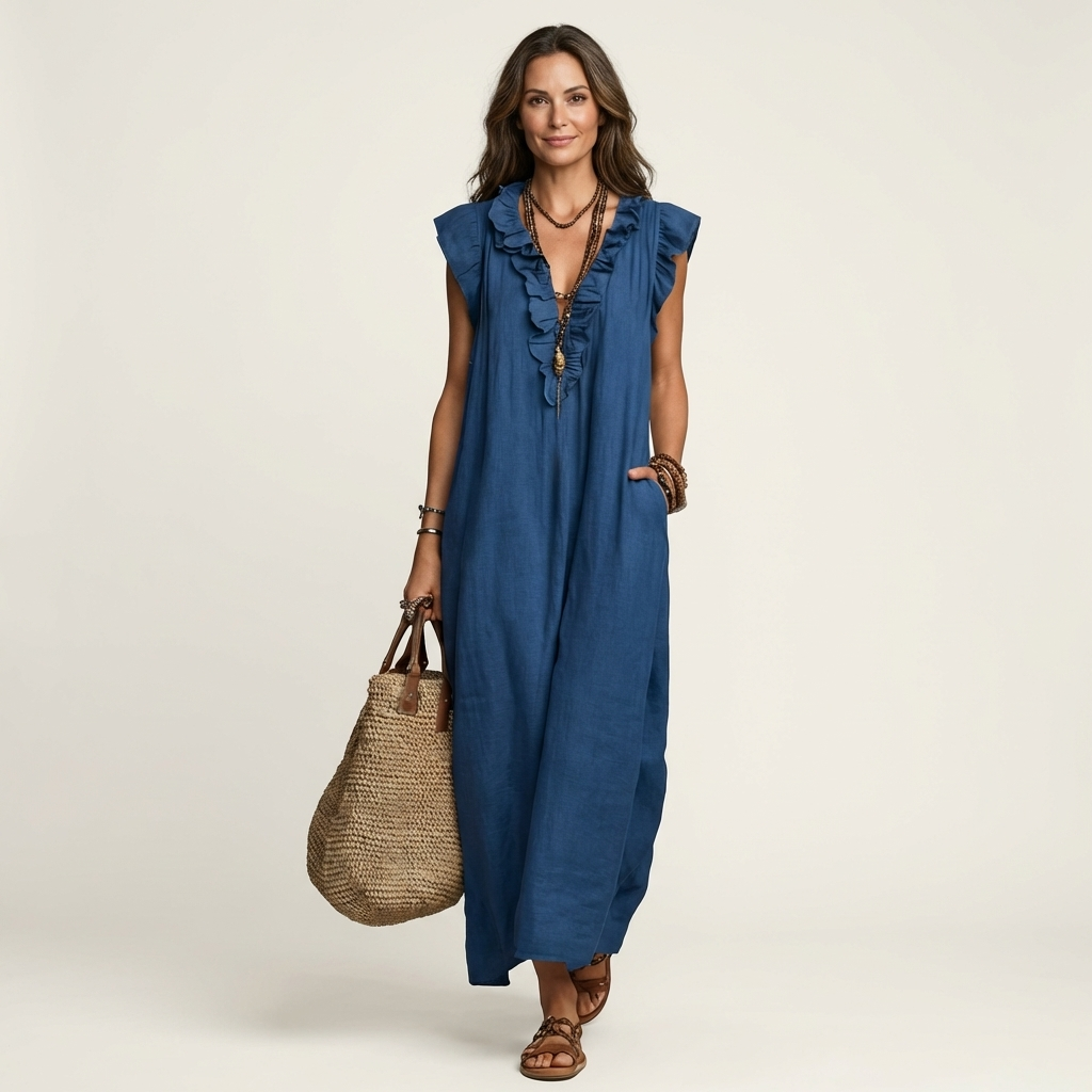 Josette | Ruffle V-Neck Linen Maxi Dress 6
