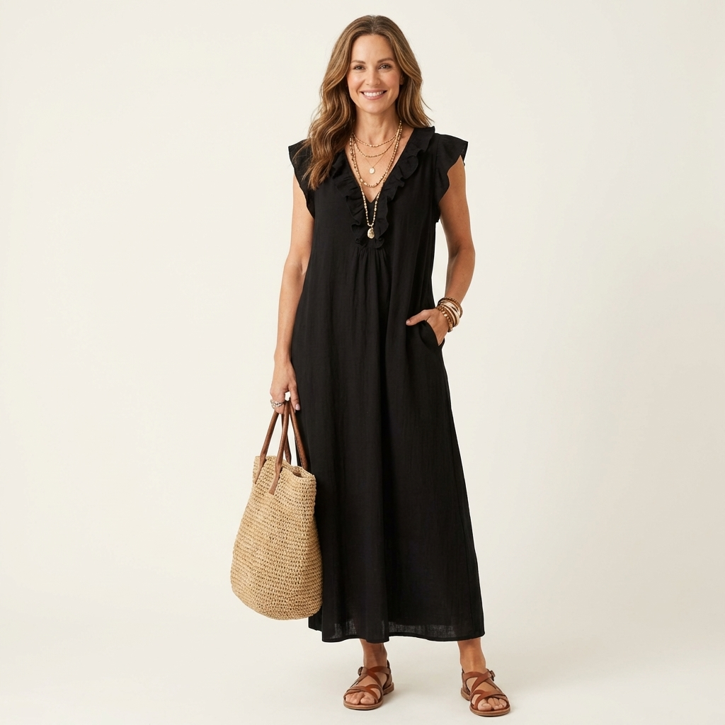Josette | Ruffle V-Neck Linen Maxi Dress 8