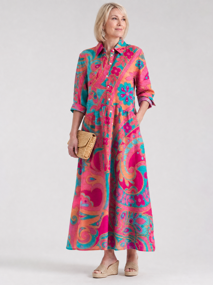 Klera | Printed Button Front Collared Midi Dress 0