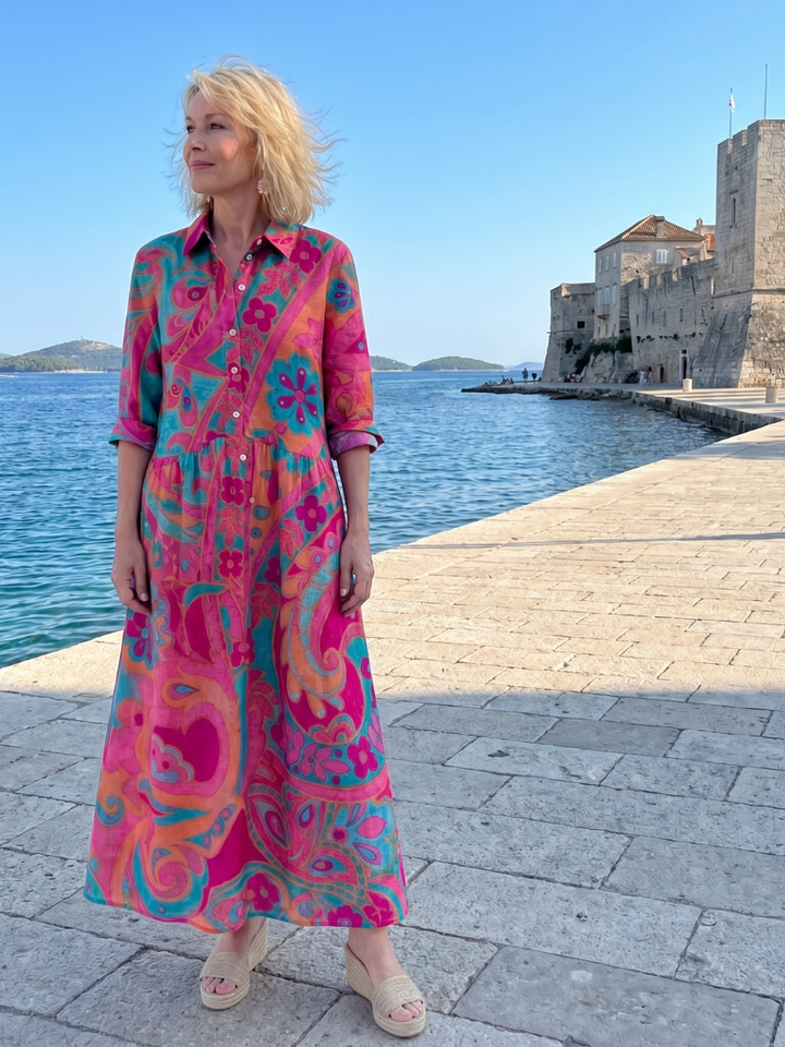 Klera | Printed Button Front Collared Midi Dress 4