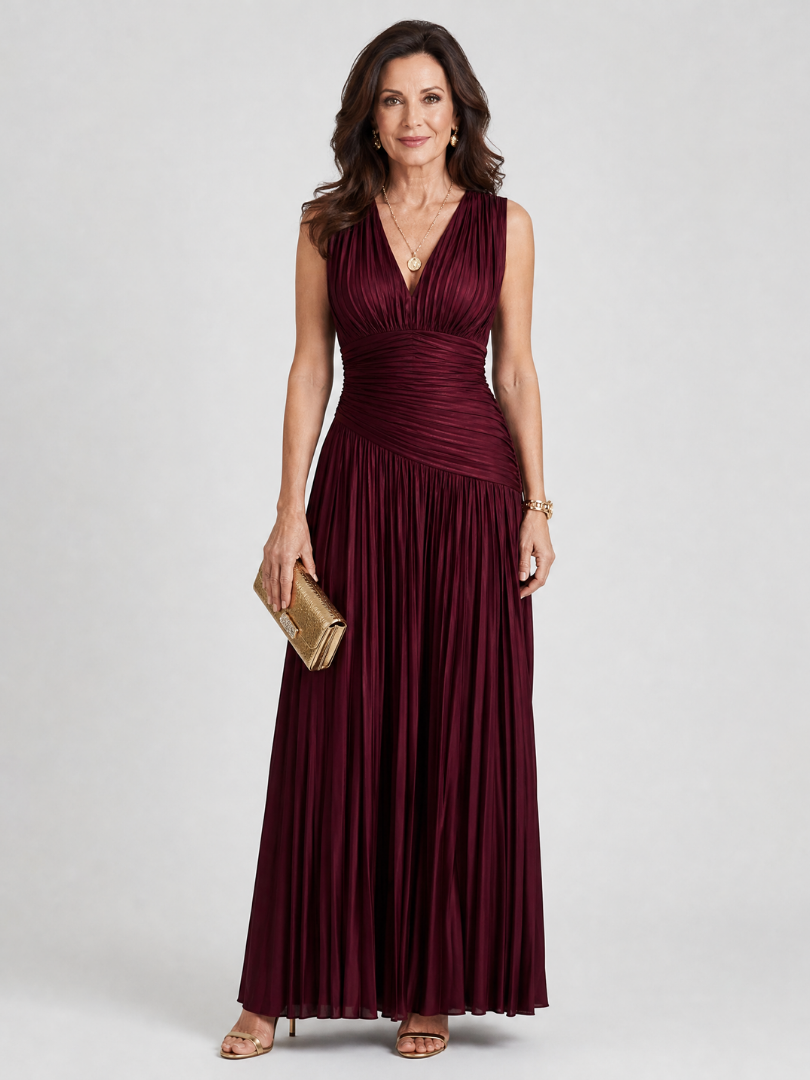 Lemar | Sleeveless Pleated V Neck Midi Dress 0