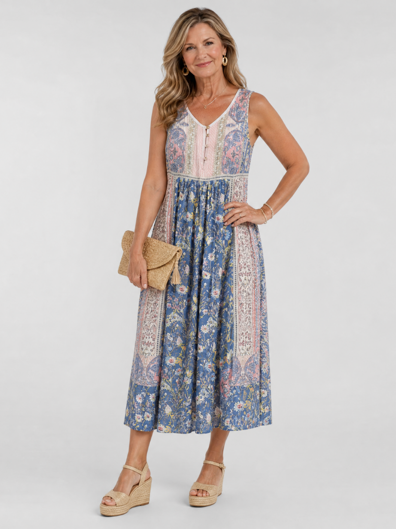 Lemez | Mixed Floral Sleeveless Button Detail Midi Dress 0