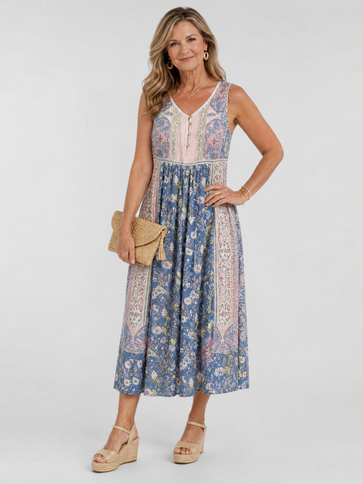 Lemez | Mixed Floral Sleeveless Button Detail Midi Dress 0