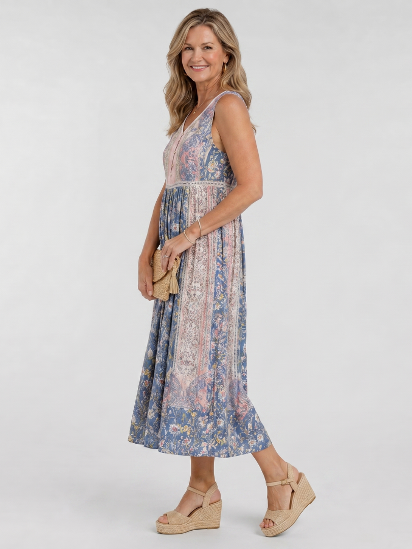 Lemez | Mixed Floral Sleeveless Button Detail Midi Dress 1