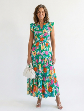 Lila | Floral V-Neck Tiered Midi Dress 0