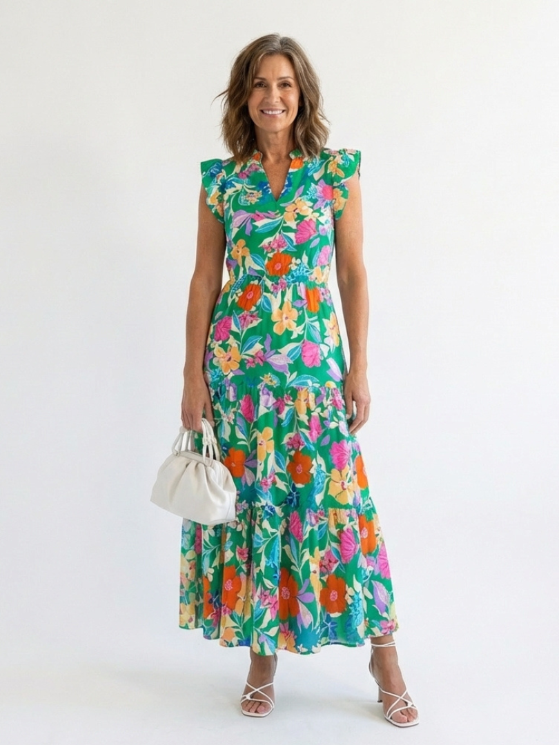 Lila | Floral V-Neck Tiered Midi Dress 0