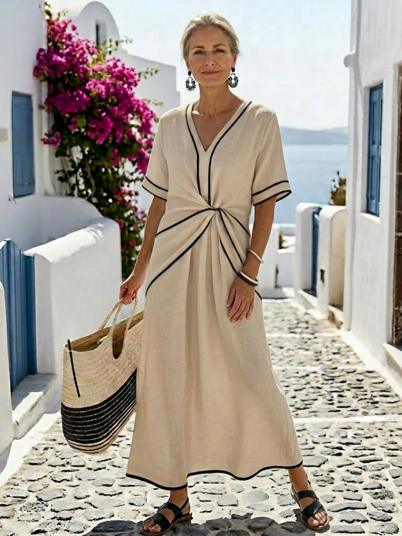 Linnea | V Neck Short Sleeve Gathered Waist Midi Dress 3