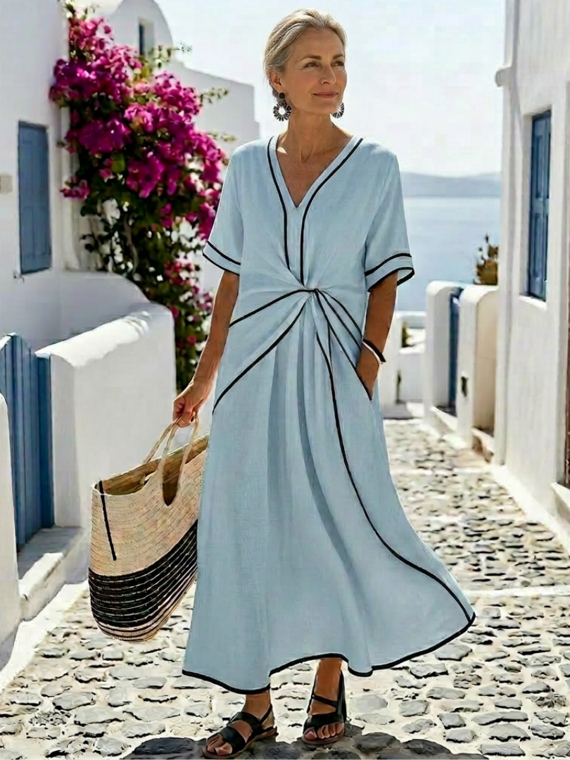 Linnea | V Neck Short Sleeve Gathered Waist Midi Dress 5