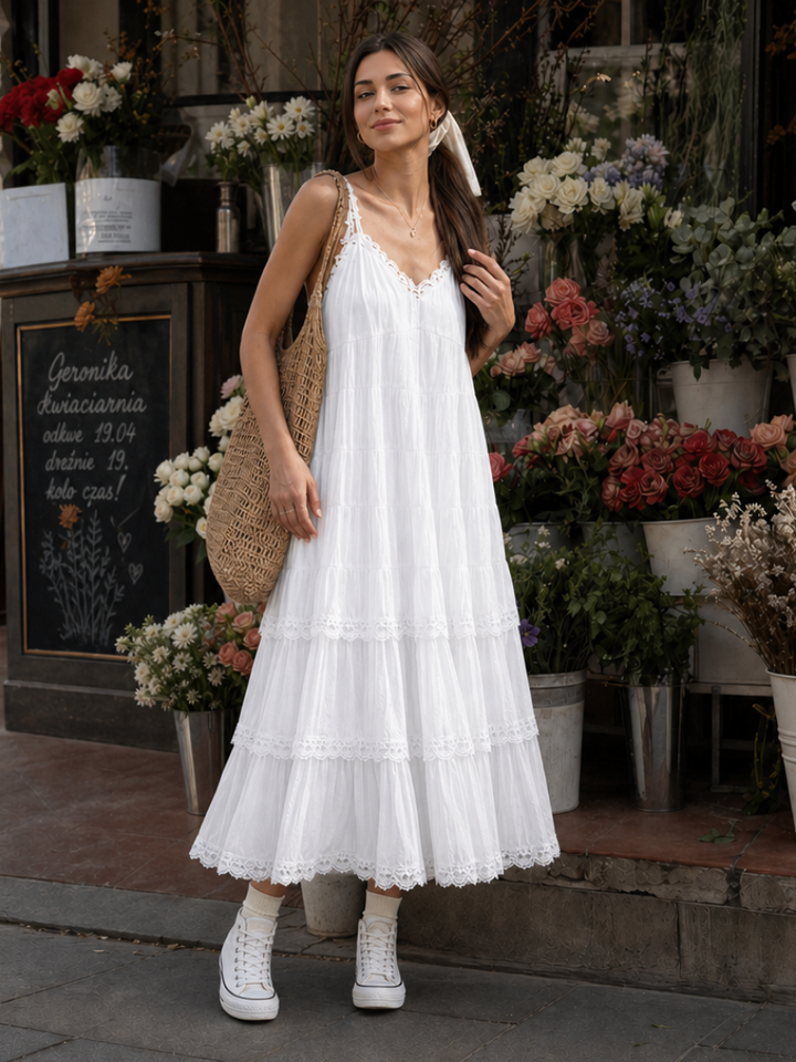 Lorelei | Spaghetti Strap Tiered Lace Layers Midi Dress 0