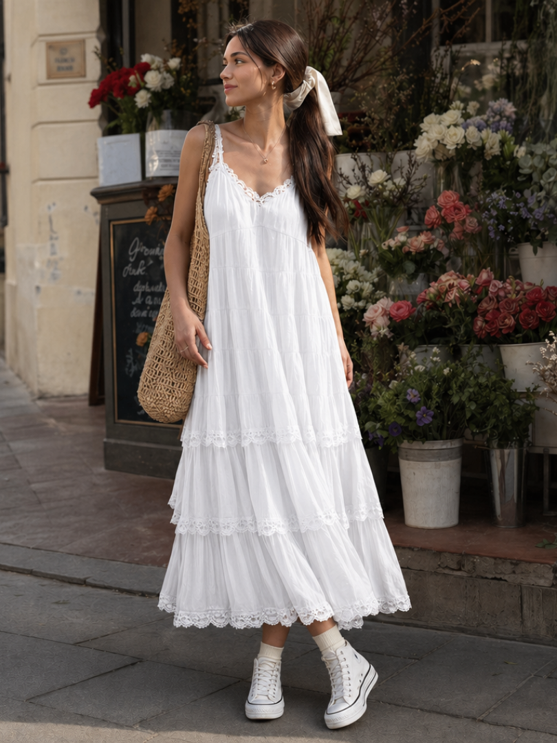 Lorelei | Spaghetti Strap Tiered Lace Layers Midi Dress 2