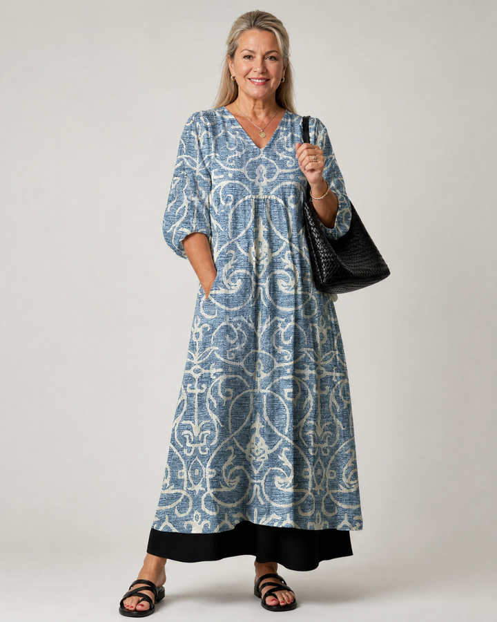Lumera | Vintage Scroll Print Soft Drape Midi Dress 0