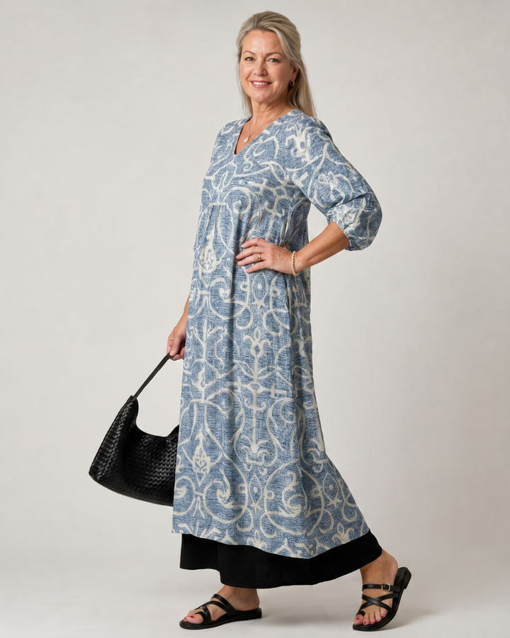 Lumera | Vintage Scroll Print Soft Drape Midi Dress 1