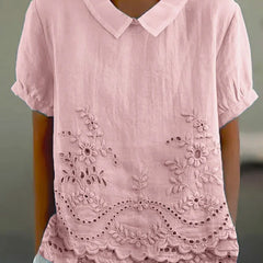 Luna Floral Blouse | Cotton Linen Blend, Embroidered Hem 0