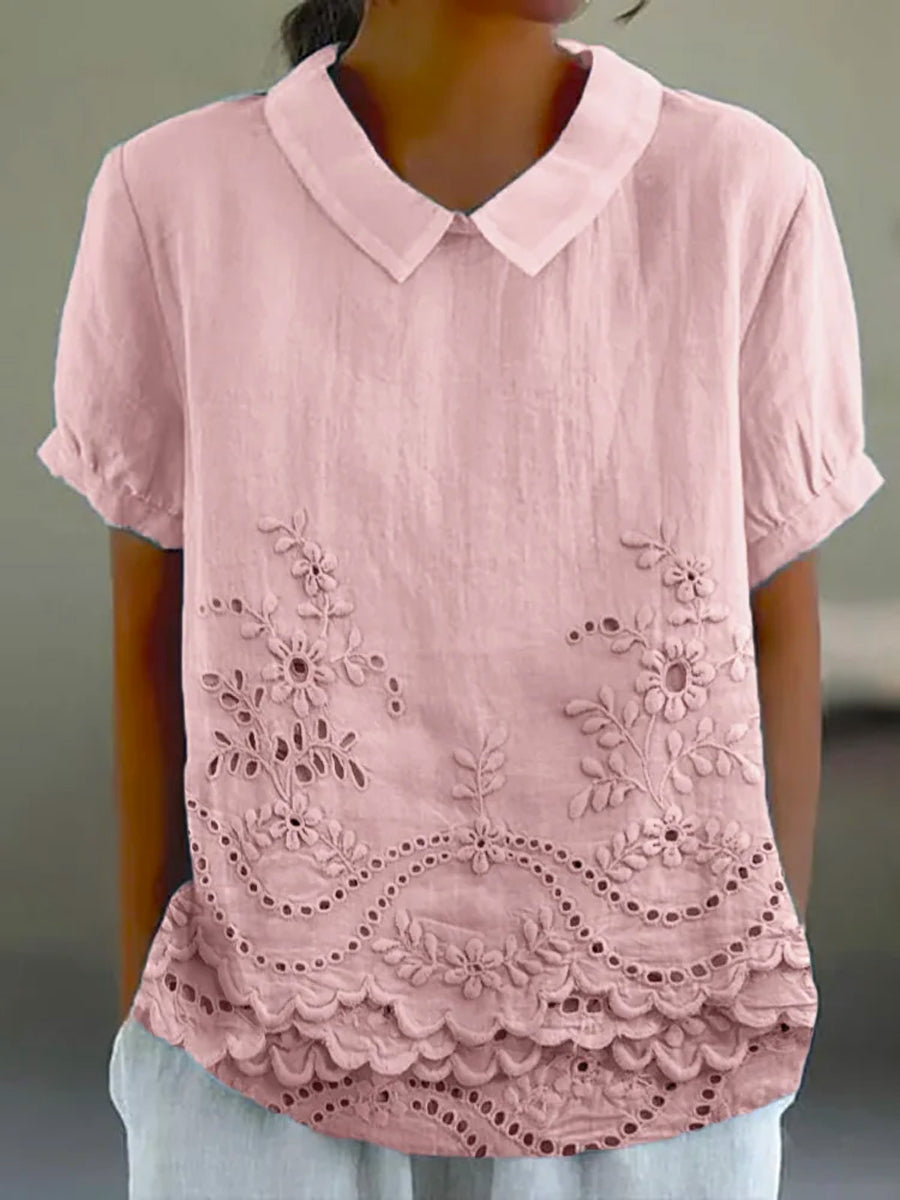 Luna Floral Blouse | Cotton Linen Blend, Embroidered Hem 0