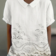 Luna Floral Blouse | Cotton Linen Blend, Embroidered Hem 1