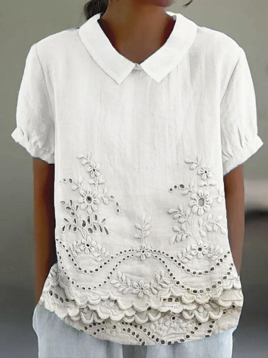Luna Floral Blouse | Cotton Linen Blend, Embroidered Hem 1