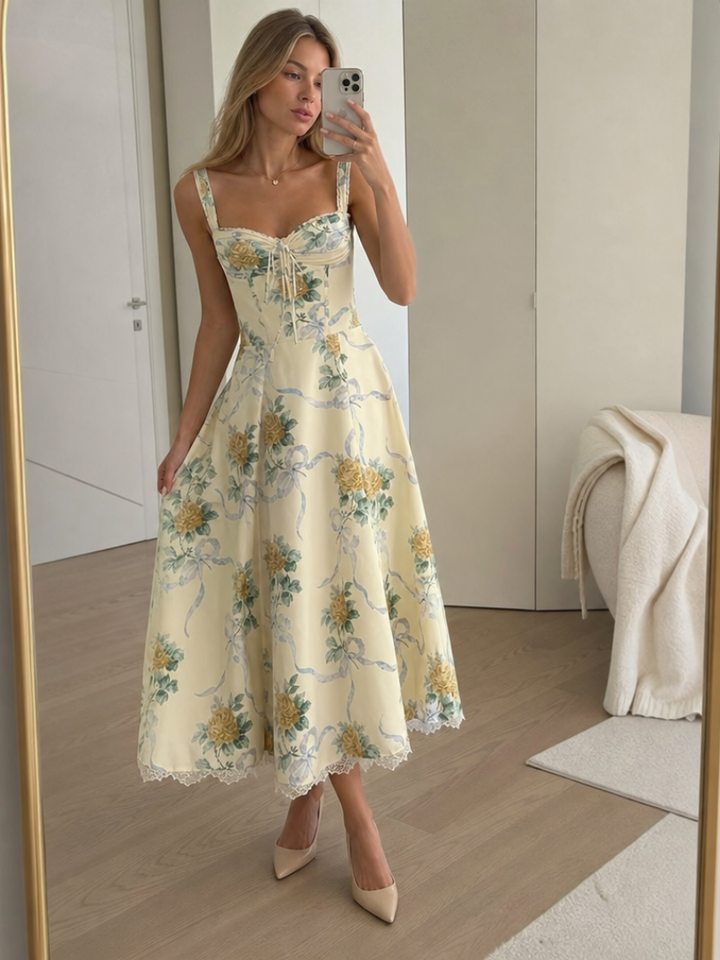 Lynn | Soft Corset Style Structured Bodice Midi Dress 0