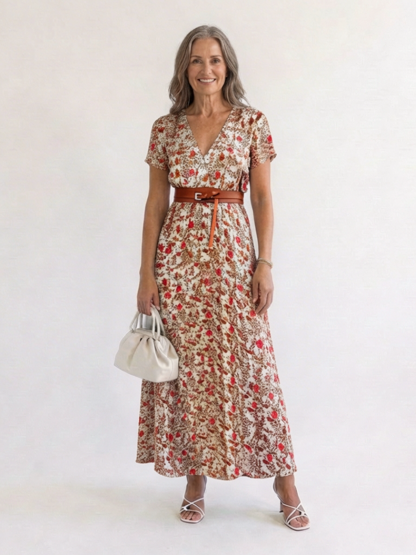 Lyra | Elegant Floral V-Neck Midi Dress 0