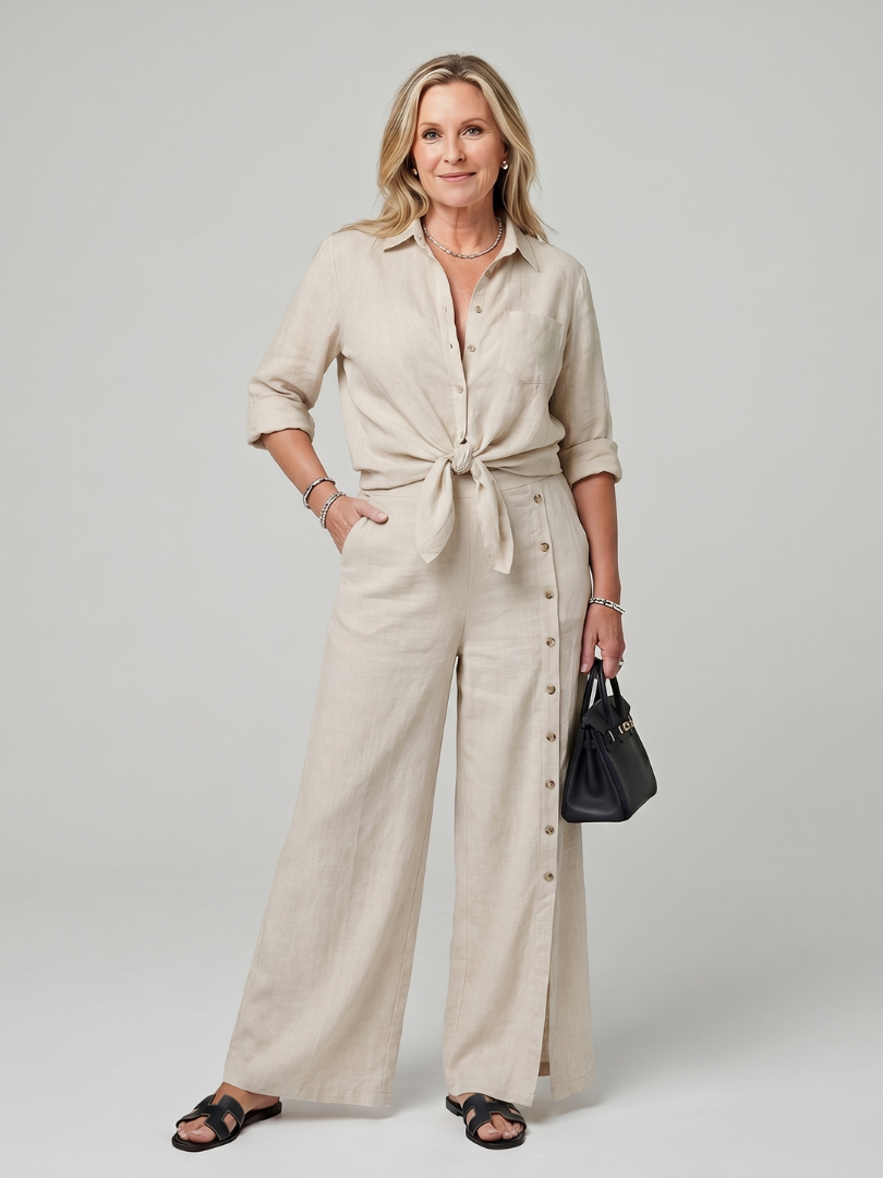 Maddelina | Long Sleeve Tie Front Top And Wide Leg Pants Set 3