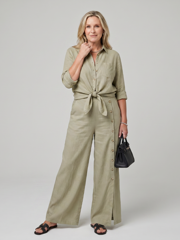 Maddelina | Long Sleeve Tie Front Top And Wide Leg Pants Set 4