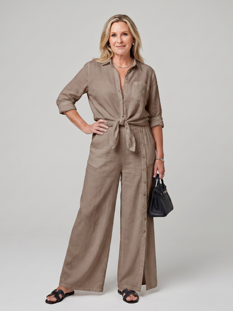 Maddelina | Long Sleeve Tie Front Top And Wide Leg Pants Set 5