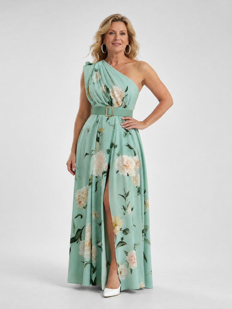 Manios | Floral Print One Shoulder Belted Maxi Dress 0