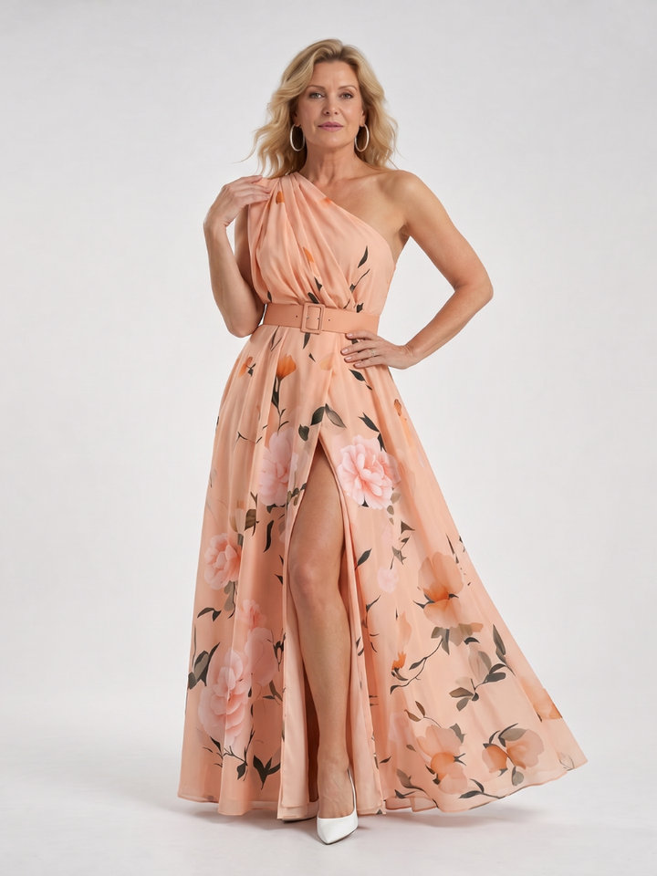 Manios | Floral Print One Shoulder Belted Maxi Dress 6