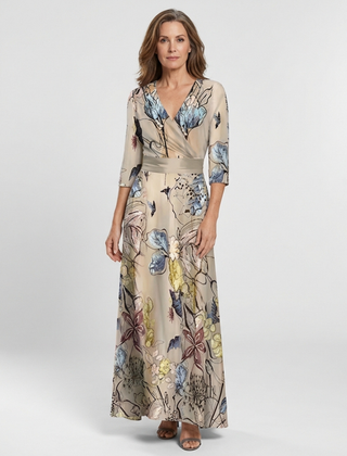 Margaret | Three Quarter Sleeve Floral Maxi Wrap Dress 0
