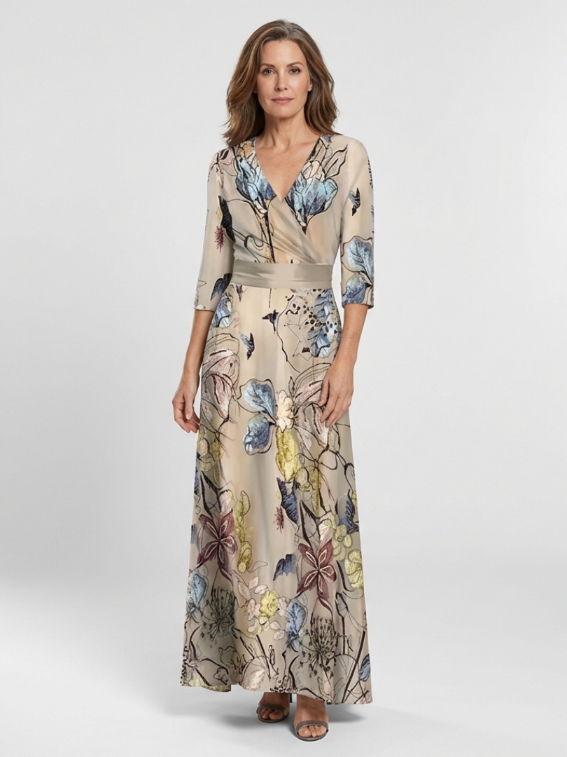 Margaret | Three Quarter Sleeve Floral Maxi Wrap Dress 0