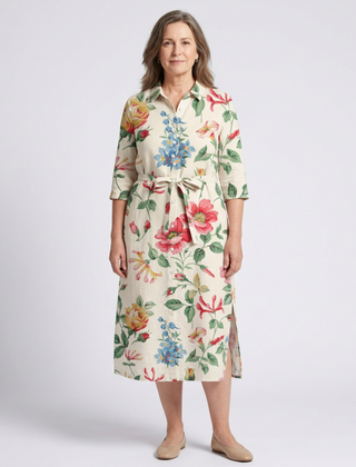 Maribel | Button Front Half Sleeve Floral Midi Dress 0