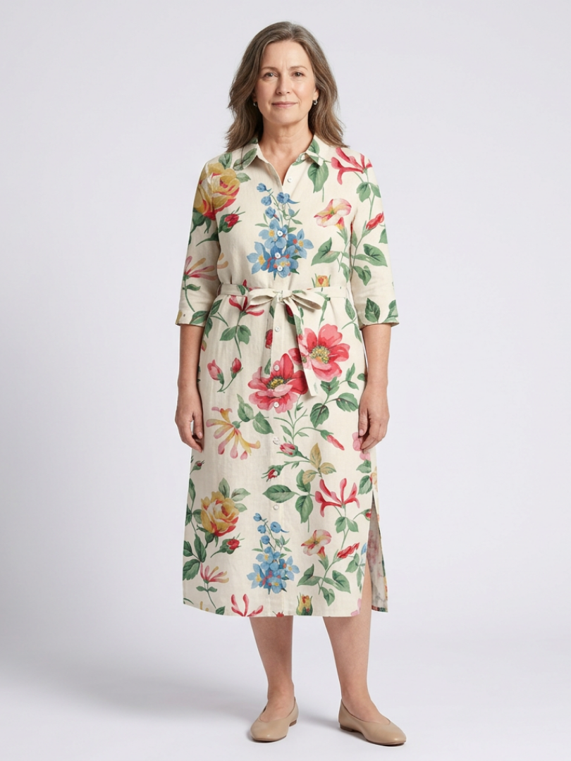 Maribel | Button Front Half Sleeve Floral Midi Dress 0