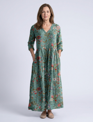 Marina | Floral V Neck Three Quarter Sleeve Maxi Dress 0