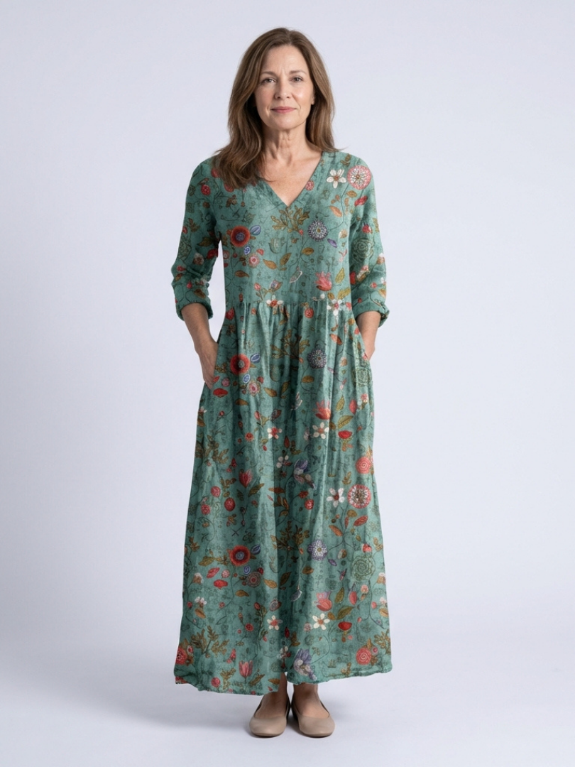 Marina | Floral V Neck Three Quarter Sleeve Maxi Dress 0
