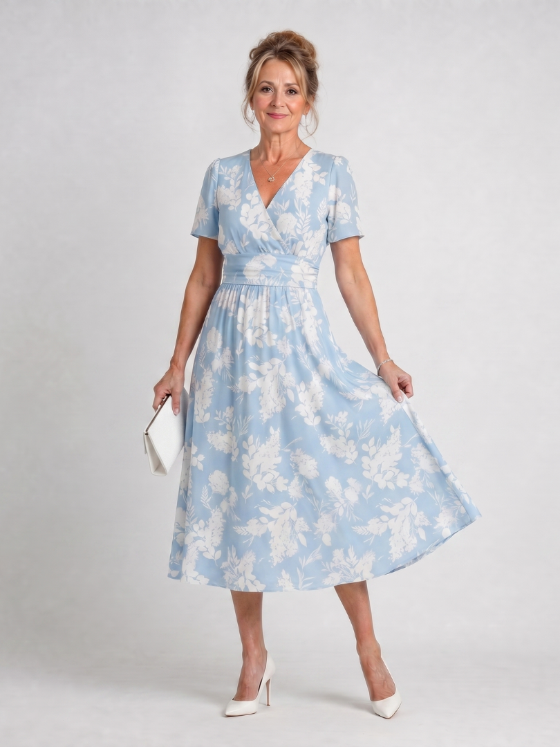 Marion | Floral Print Short Sleeve V Neck Midi Dress 0